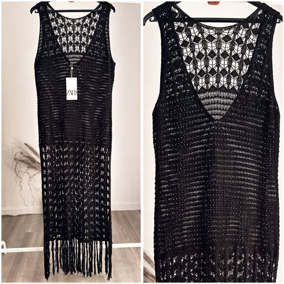ZARA FRINGED CROCHETED DRESS OPEN BACK NWT M - Picture 2 of 11